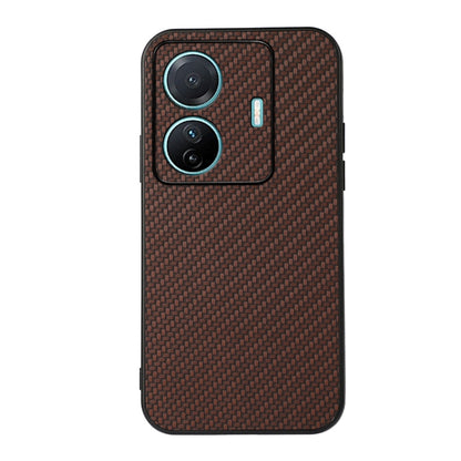 Brown carbon-fiber texture phone case with dual camera cutouts and flash opening