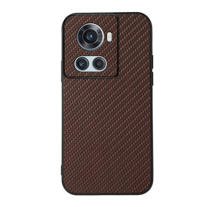 Brown carbon fiber texture PU phone case with camera cutouts and raised edges