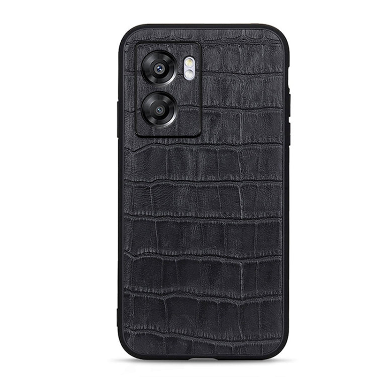 Black genuine leather phone case with crocodile texture and camera cutouts