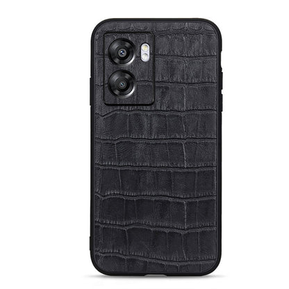 Black genuine leather phone case with crocodile texture and camera cutouts