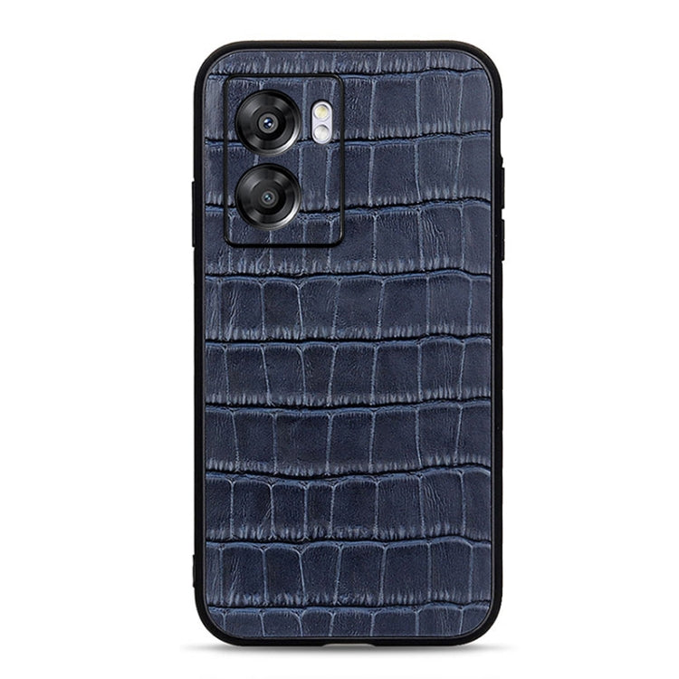 Blue genuine leather phone case with crocodile texture and camera cutouts