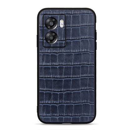 Blue genuine leather phone case with crocodile texture and camera cutouts