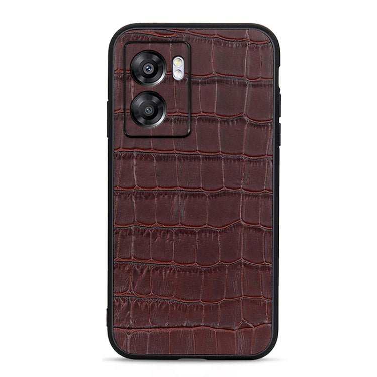 Brown genuine leather phone case with crocodile texture and camera cutouts