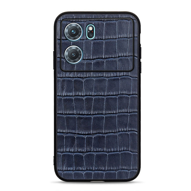 Blue genuine leather phone case with crocodile texture and camera cutouts