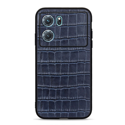 Blue genuine leather phone case with crocodile texture and camera cutouts