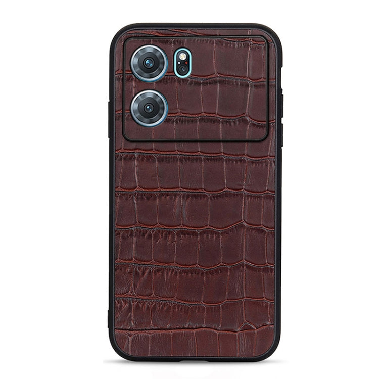 Brown crocodile-textured genuine leather phone case with camera cutouts