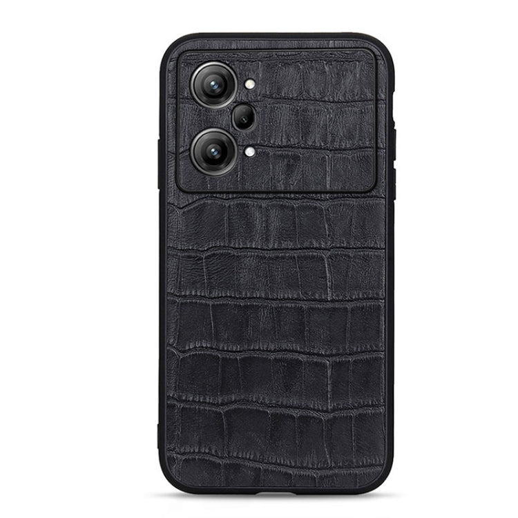Black genuine leather phone case with crocodile texture and camera cutouts