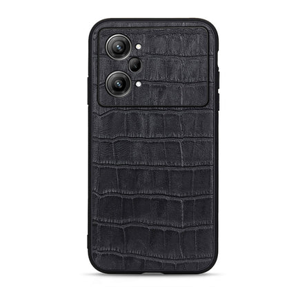 Black genuine leather phone case with crocodile texture and camera cutouts