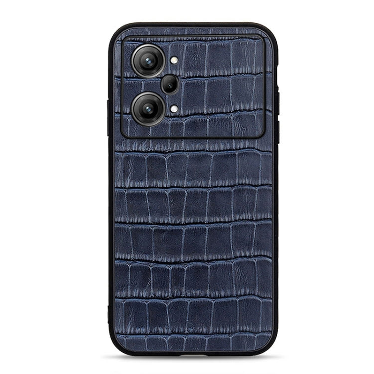 Blue crocodile-textured genuine leather phone case with camera cutouts and raised edges