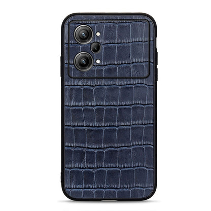 Blue crocodile-textured genuine leather phone case with camera cutouts and raised edges