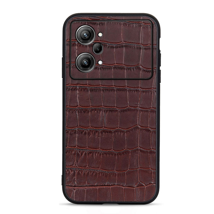 Brown crocodile-textured genuine leather phone case with triple camera cutouts