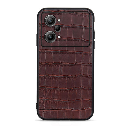 Brown crocodile-textured genuine leather phone case with triple camera cutouts