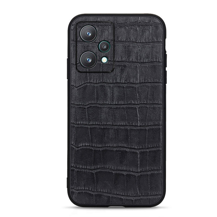 Black crocodile-textured genuine leather phone case with dual camera cutouts