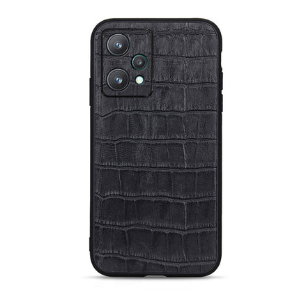 Black crocodile-textured genuine leather phone case with dual camera cutouts