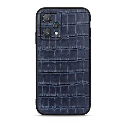 Blue crocodile-textured genuine leather phone case with camera window and flash cutout