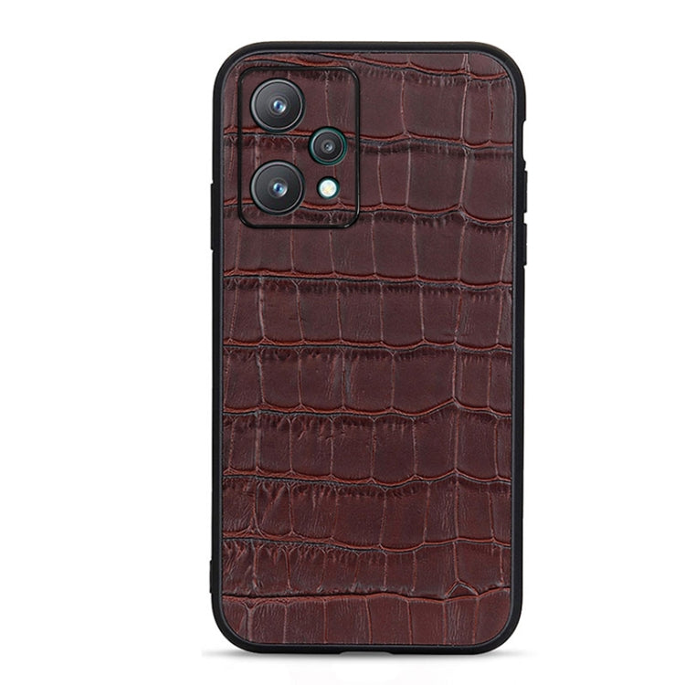 Brown crocodile-textured genuine leather phone case with camera window and flash cutout
