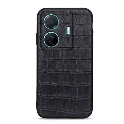 Black crocodile-textured genuine leather phone case with dual camera and side button cutout