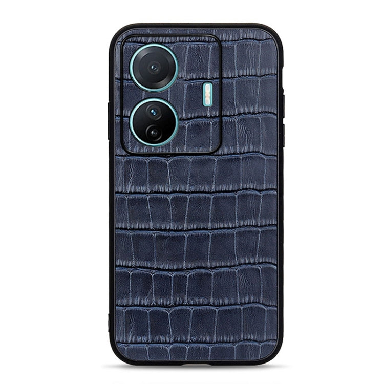 Blue crocodile-textured genuine leather phone case with dual camera and flash cutout