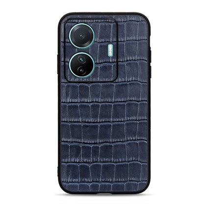 Blue crocodile-textured genuine leather phone case with dual camera and flash cutout