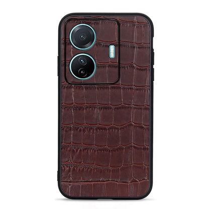 Brown crocodile-textured genuine leather phone case with dual camera and side button cutout
