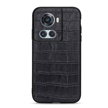 Black crocodile-textured genuine leather phone case with top camera and flash cutout