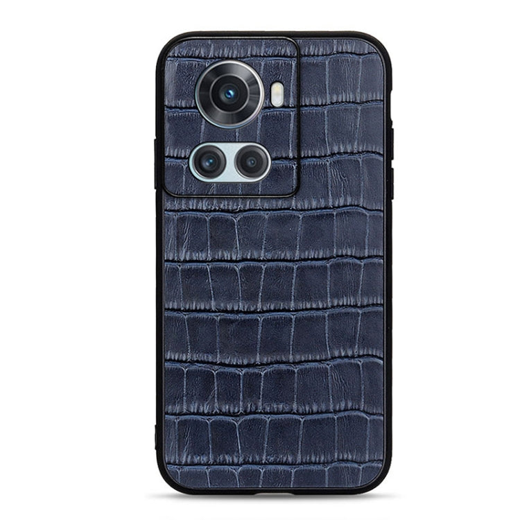 Blue crocodile-textured genuine leather phone case with dual camera and flash cutout