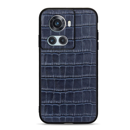 Blue crocodile-textured genuine leather phone case with dual camera and flash cutout