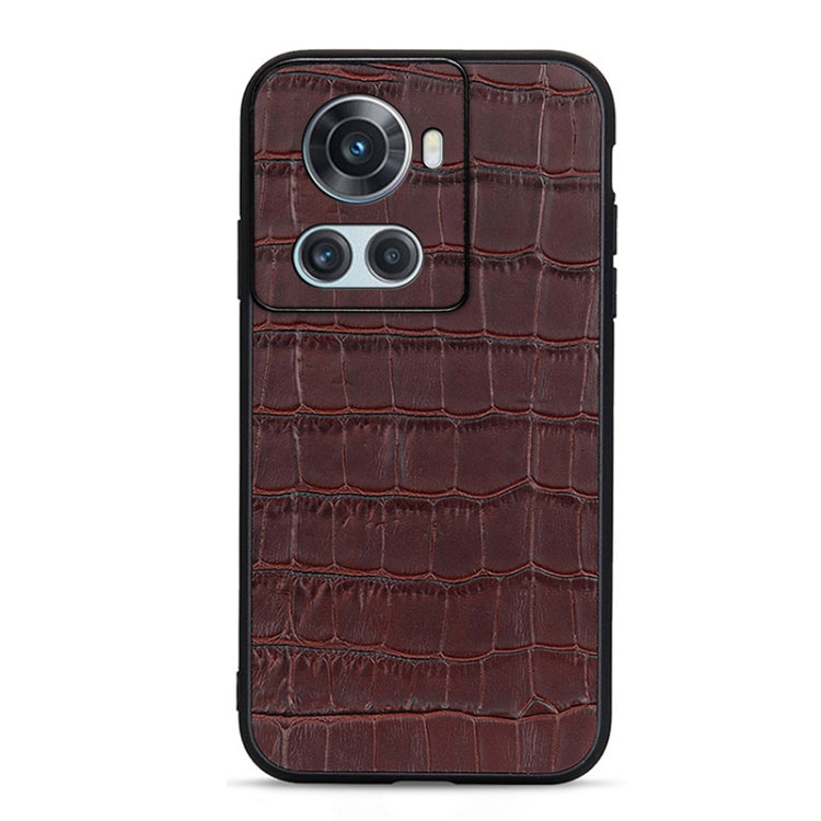 Brown crocodile-texture genuine leather phone case with camera cutouts
