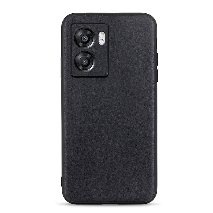Black genuine leather phone case with textured finish and camera cutouts