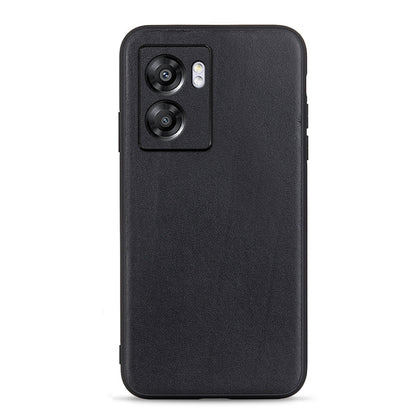 Black genuine leather phone case with textured finish and camera cutouts