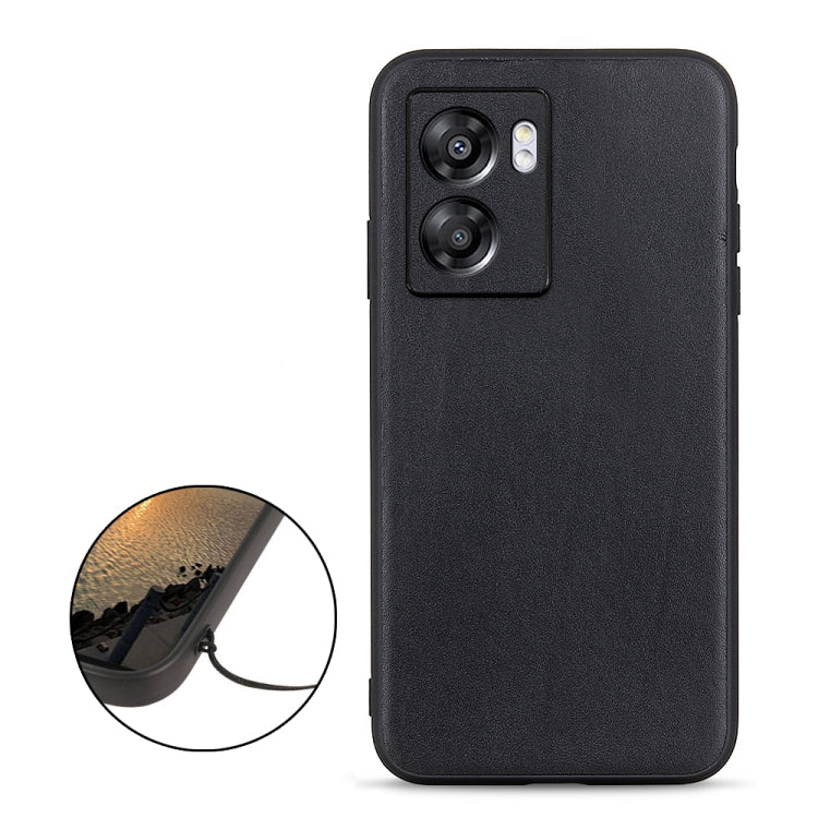 Black genuine leather phone case with textured finish and camera cutout, front view