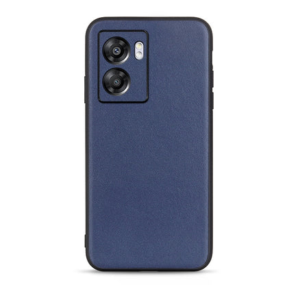 Blue genuine leather phone case with textured finish and camera cutout