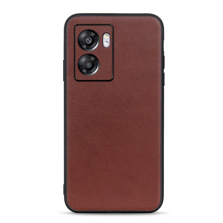 Brown genuine leather phone case with textured finish and camera cutout