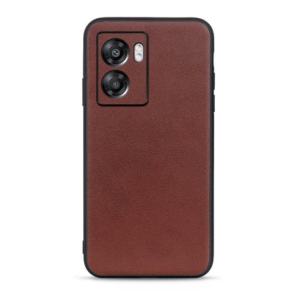 Brown genuine leather phone case with textured finish and camera cutout