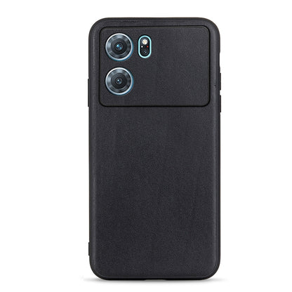 Black genuine leather phone case with textured grain and raised camera panel