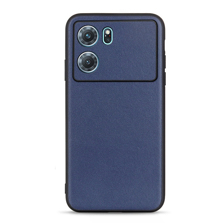 Blue genuine leather phone case with textured finish and dual camera cutout