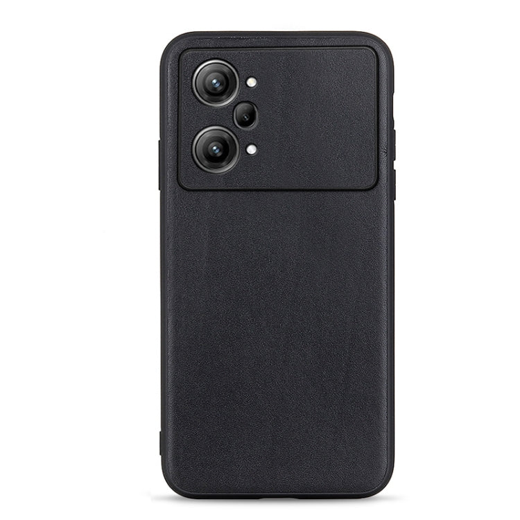 Black genuine leather phone case with textured grain and dual camera cutout