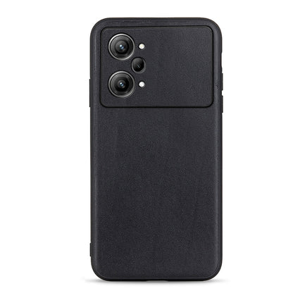 Black genuine leather phone case with textured grain and dual camera cutout