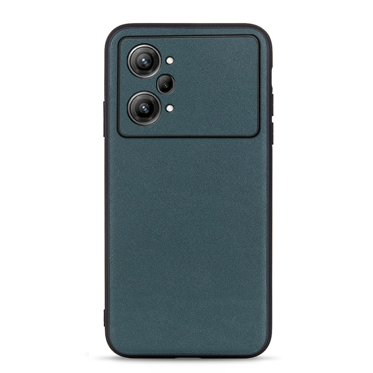 Lambskin texture genuine leather phone case, dark teal, with dual camera cutouts