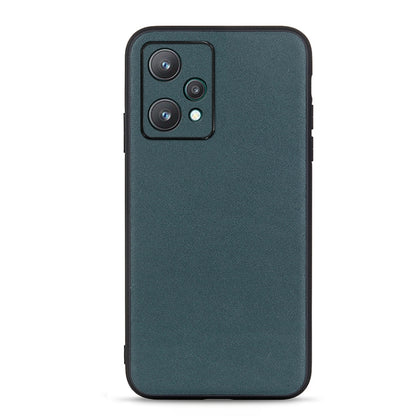 Lambskin texture genuine leather phone case, dark teal, with camera cutouts and flash