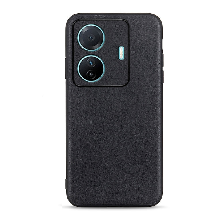 Lambskin texture genuine leather phone case, black, with dual camera cutouts and flash