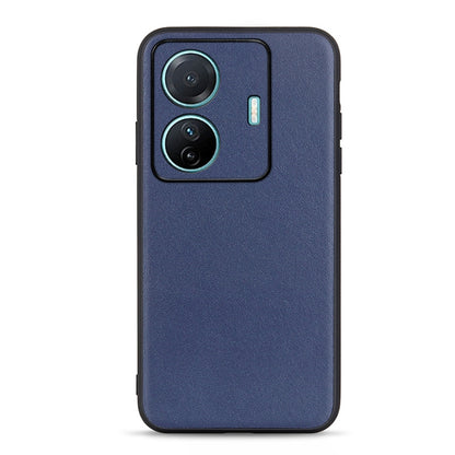 Lambskin texture genuine leather phone case, blue, with camera cutouts and flash