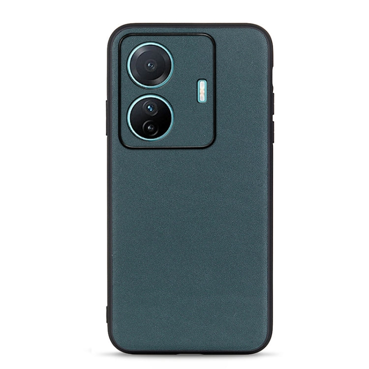 Genuine leather phone case with pebbled texture, teal green finish and camera cutout
