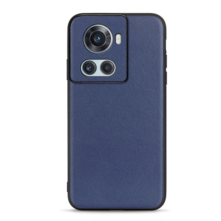 Genuine leather phone case with pebbled texture, blue finish and dual camera cutouts