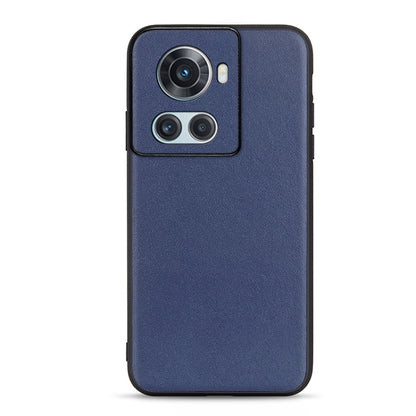 Genuine leather phone case with pebbled texture, blue finish and dual camera cutouts