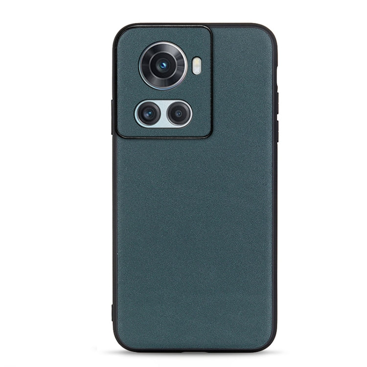 Genuine leather phone case with pebbled texture, dark teal green finish and camera cutout