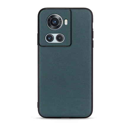 Genuine leather phone case with pebbled texture, dark teal green finish and camera cutout