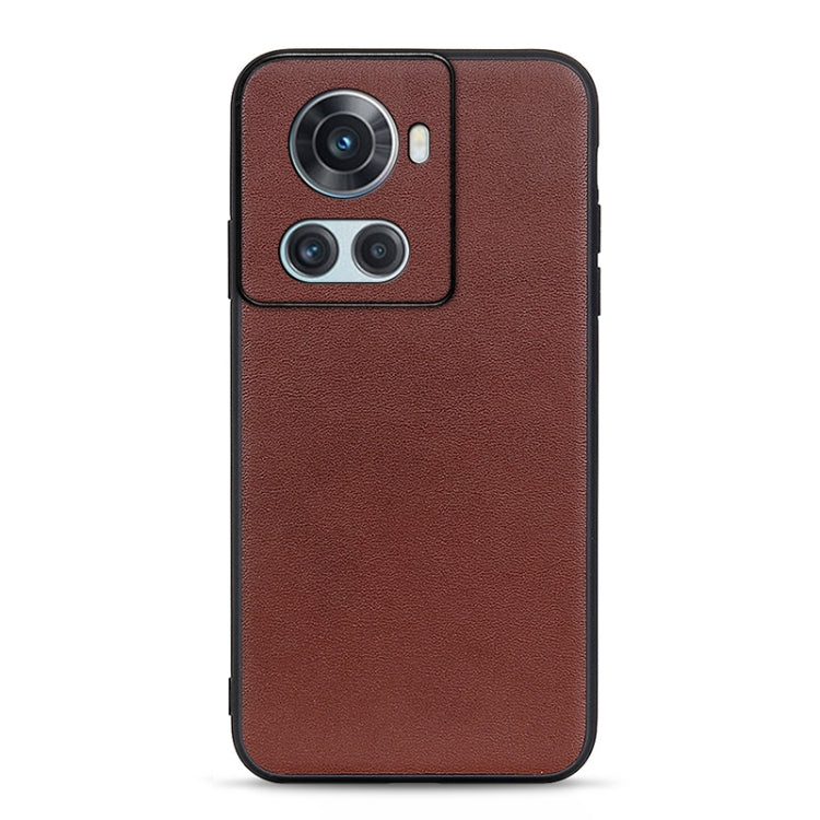 Genuine leather phone case with pebbled texture, brown finish and triple camera cutout