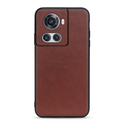 Genuine leather phone case with pebbled texture, brown finish and triple camera cutout