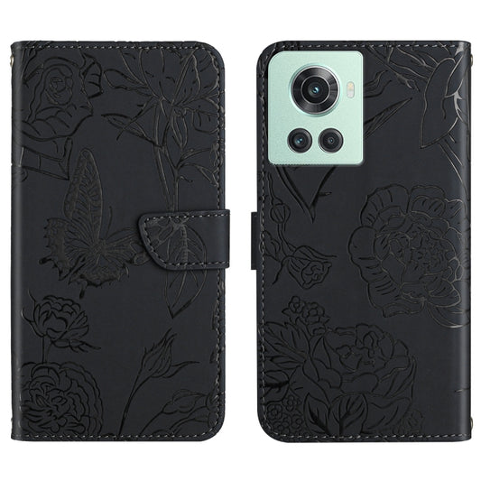 Embossed leather butterfly floral wallet phone case in black, with side card holder flap